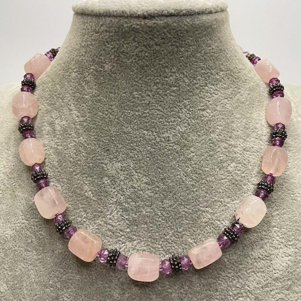Artisan Made Rose Quartz Gemstone Purple Glass Beaded Knotted Necklace Boho
